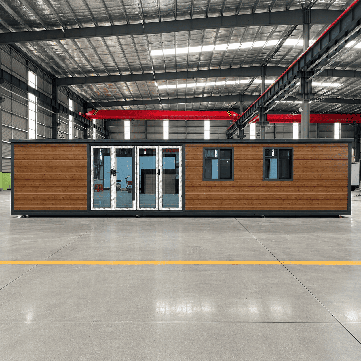 Casa Box Maison conteneur extensible de 40 pieds | Rev&ecirc;tement en bois et grandes portes vitr&eacute;es